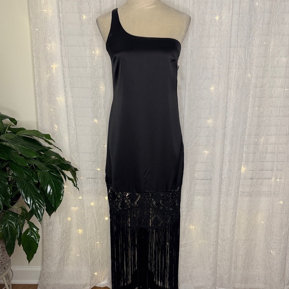 Topshop Black One-Shoulder Dress with Lace and Fringe Detail NWOT